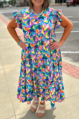 Blue Geometric Print Ruffled Short Sleeve Plus Size Tiered Maxi Dress Blue 100%Polyester Plus Size Maxi Dresses JT's Designer Fashion