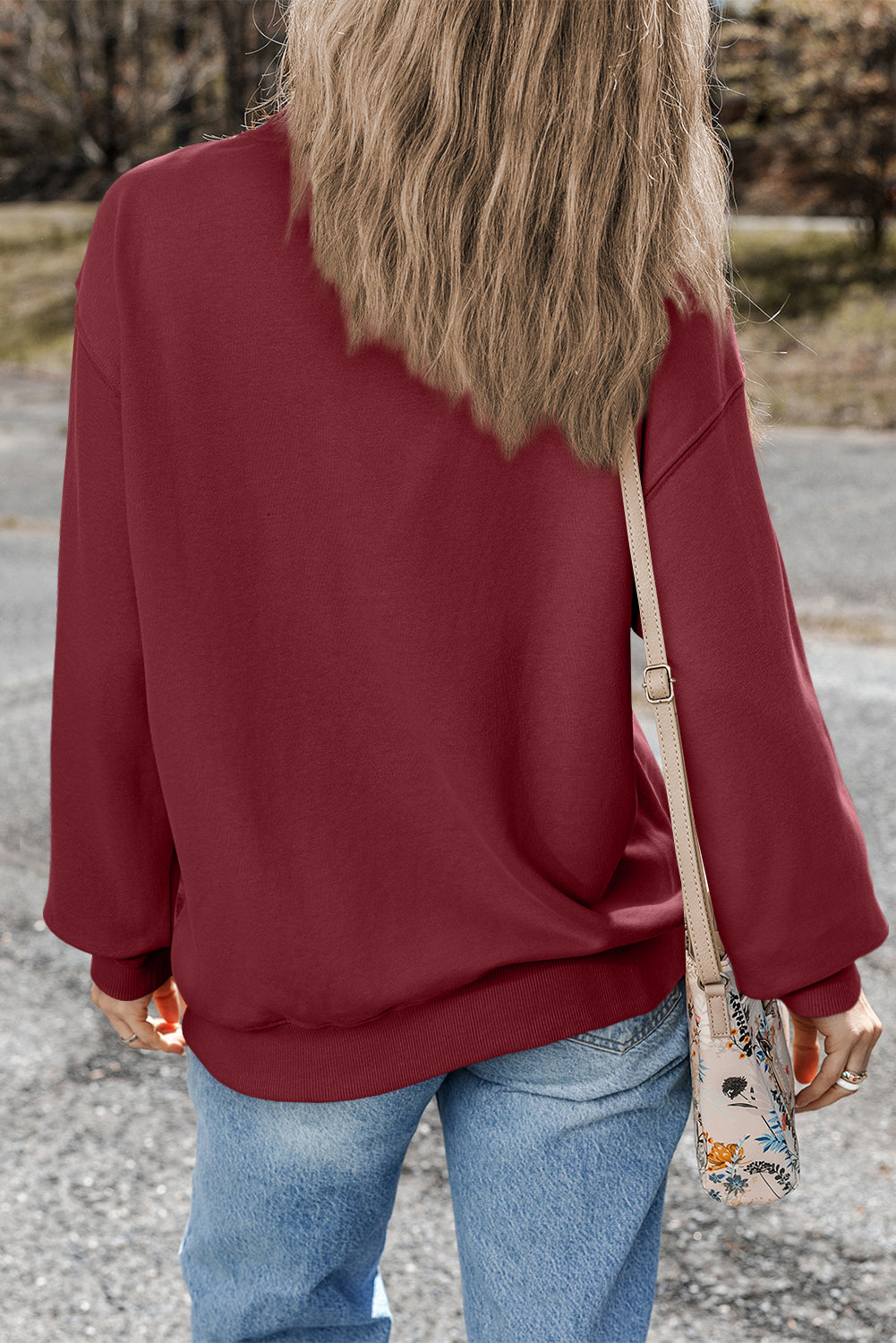 Burgundy Plain Drop Shoulder Crewneck Pullover Sweatshirt Sweatshirts & Hoodies JT's Designer Fashion