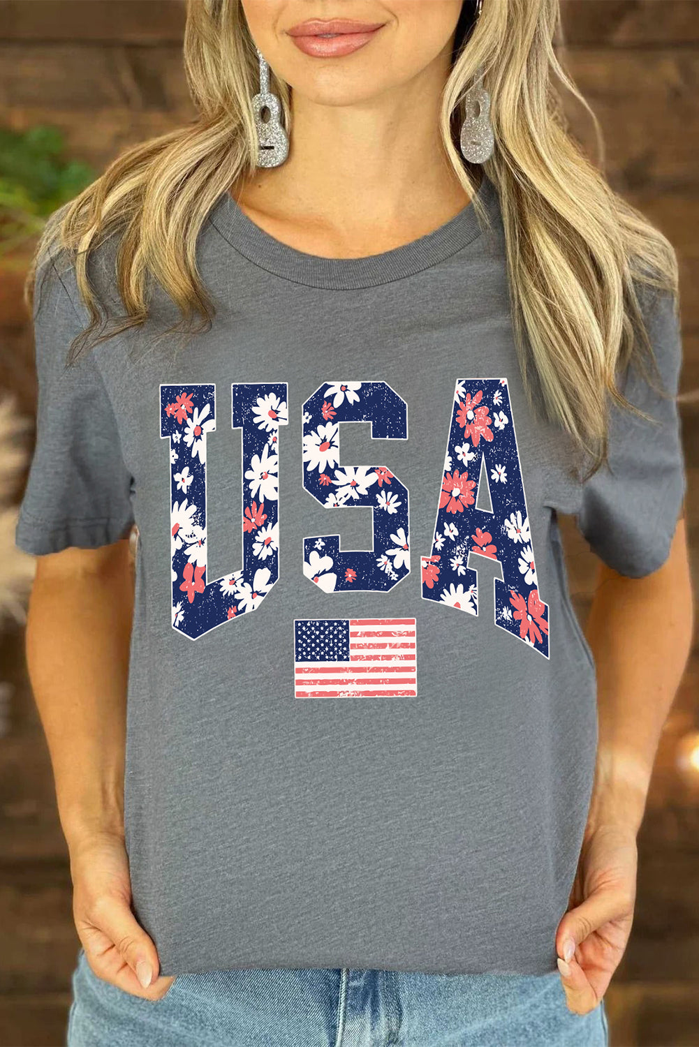 Gray Blooming USA Flag Print Casual T Shirt Graphic Tees JT's Designer Fashion