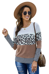 Brown Stripes Leopard Splicing Colorblock Long Sleeve Top Long Sleeve Tops JT's Designer Fashion