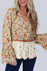Yellow Printed Floral Bell Sleeve V Neck Wrapped Contrast Peplum Blouse Yellow Printed 100%Polyester Blouses & Shirts JT's Designer Fashion