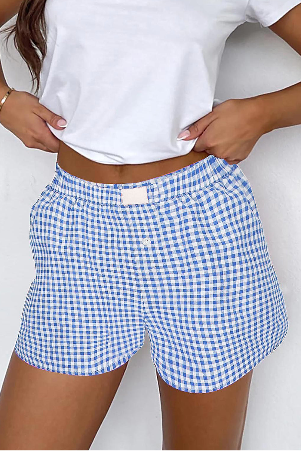 Blue Gingham Printed High Waist Shorts blue 100%Polyester Casual Shorts JT's Designer Fashion