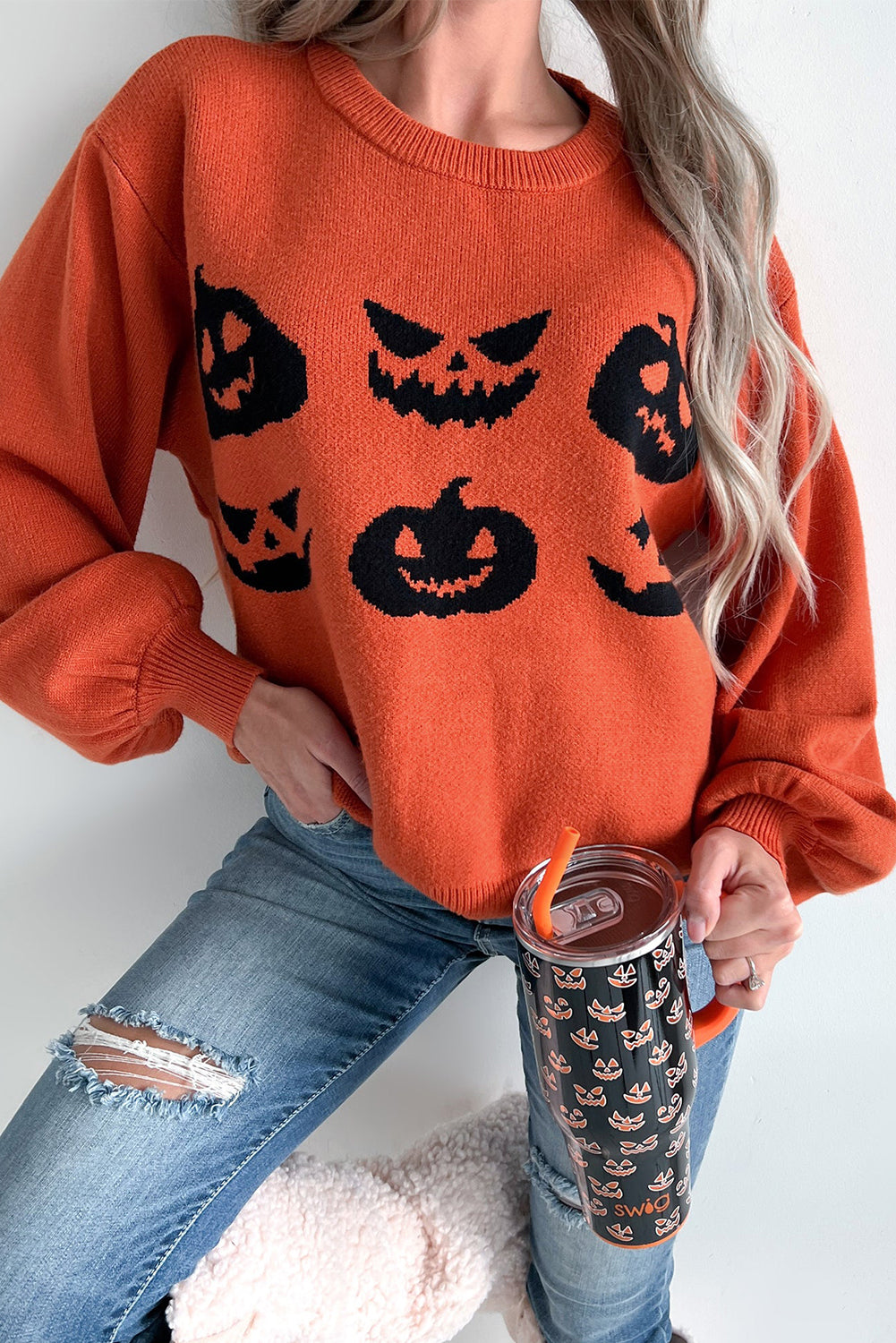 Orange Halloween Pumpkin Face Pattern Drop Shoulder Sweater Sweaters JT's Designer Fashion
