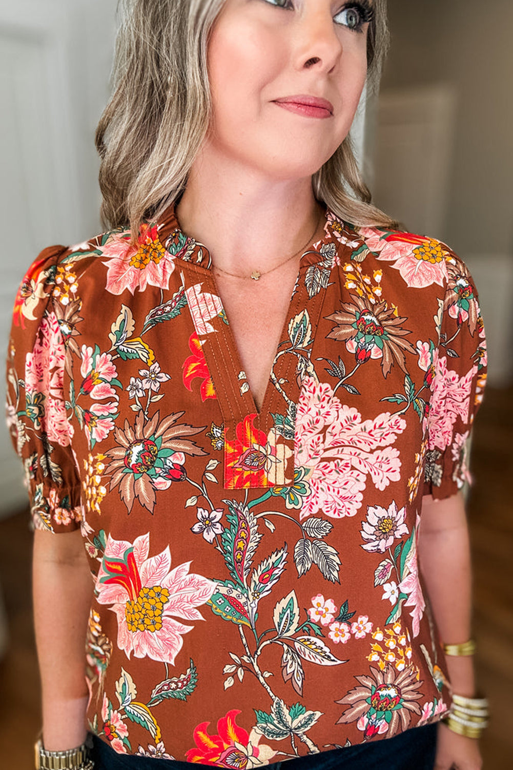 Brown Floral Stitched V Neck Frilled Trim Puff Short Sleeve Blouse Plus Size Blouses & Shirts JT's Designer Fashion