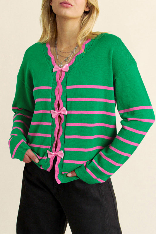 Green Stripe Ribbon Cute Bow Detail Sweater Knit Cardigan Green Stripe 100%Cotton Cardigans JT's Designer Fashion