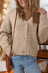Smoke Gray Pearl Embellished Button Front V Neck Sweater Cardigan Smoke Gray 65%Acrylic+35%Polyamide Cardigans JT's Designer Fashion