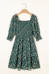 Green Smocked Square Neck Puff Short Sleeve Floral Dress Floral Dresses JT's Designer Fashion