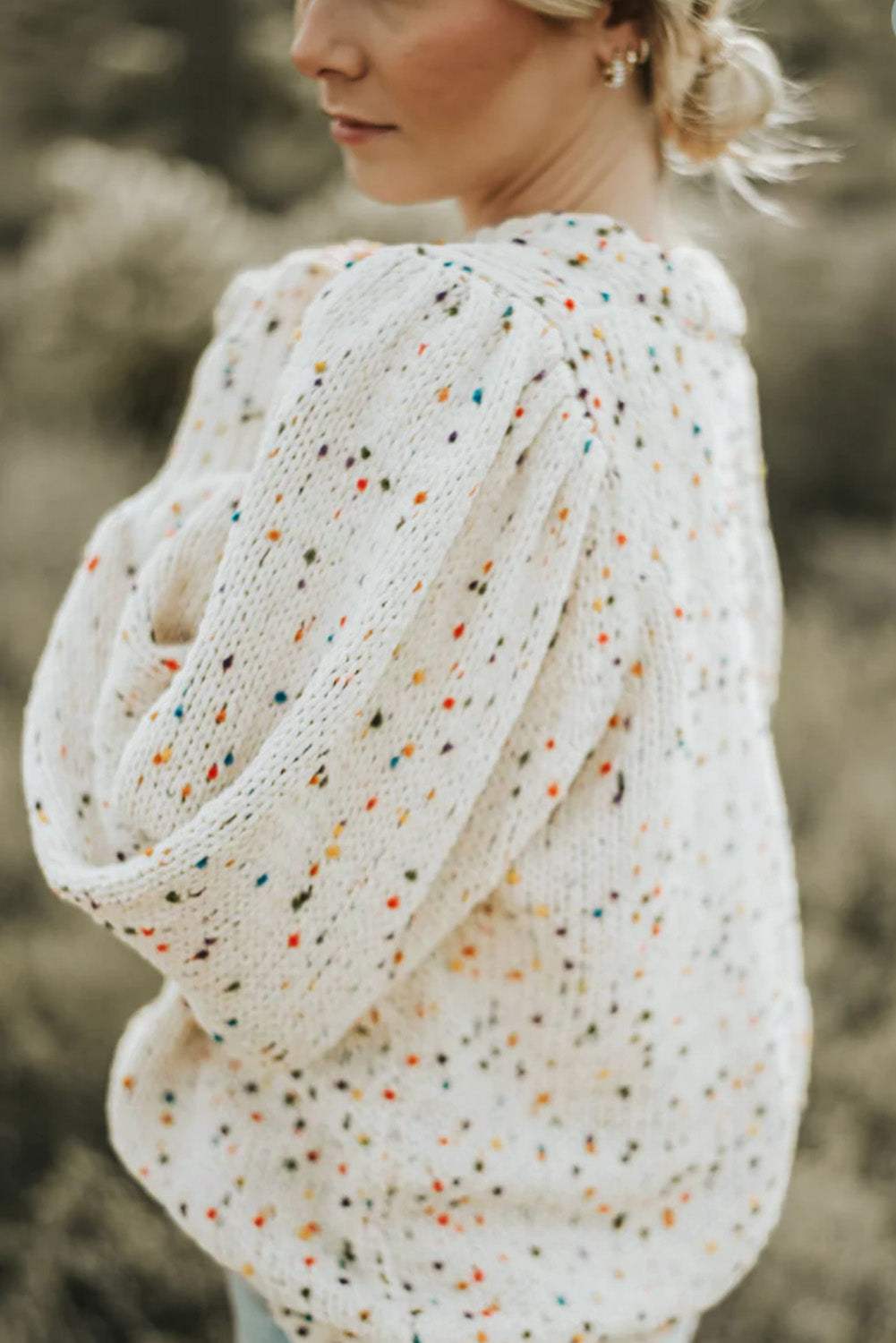 Beige Colorful Confetti Dots Cable Knit Crew Neck Sweater Sweaters JT's Designer Fashion