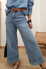 Dusk Blue Embroidered Cropped Wide Leg High Waist Jeans Jeans JT's Designer Fashion