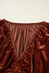 Clay Elastic V Neck Puff Sleeve Short Velvet Dress JT's Designer Fashion