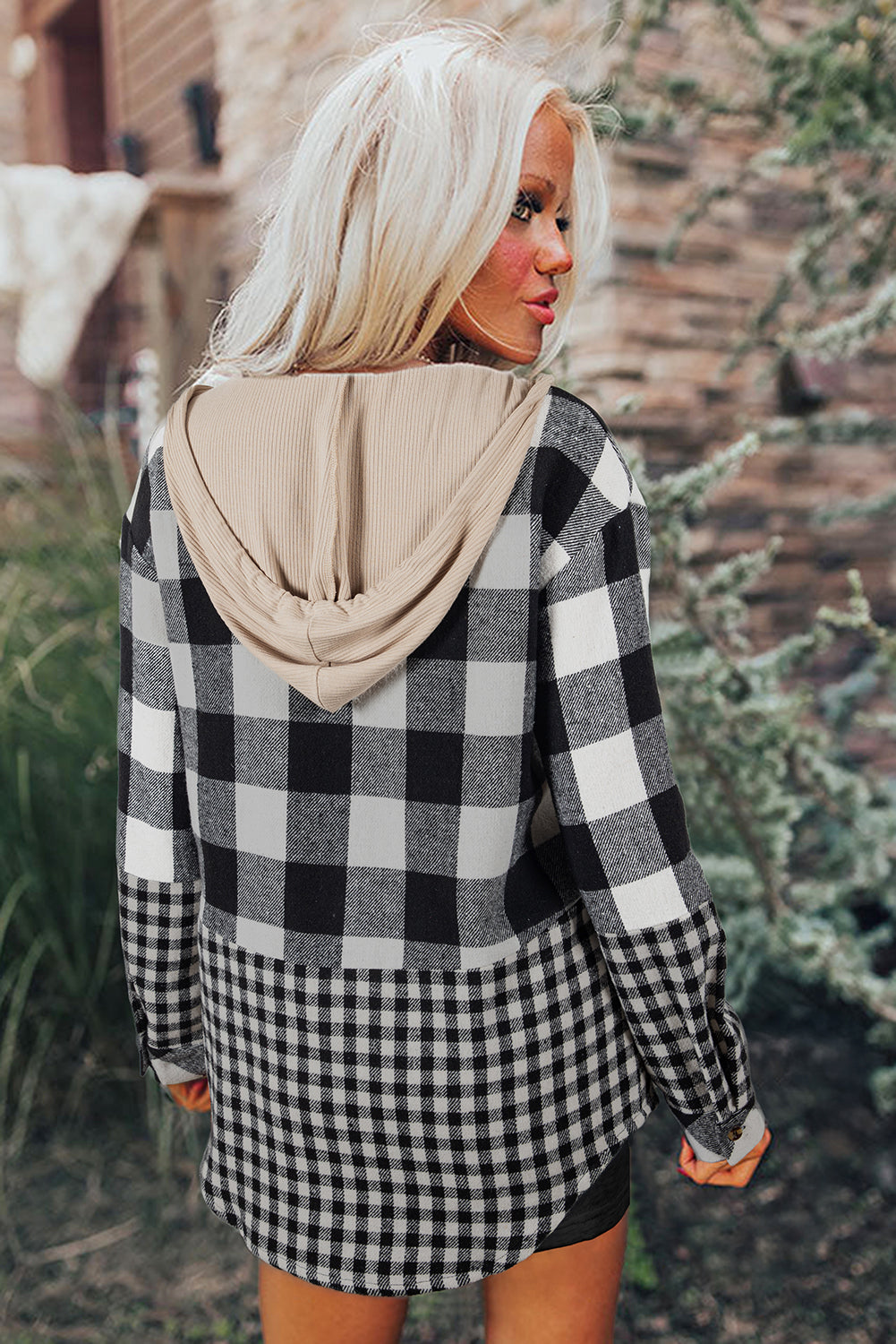 Black Double Plaid Patchwork Drawstring Hooded Shacket Plaid Shackets JT's Designer Fashion