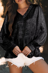 Black Metallic Frilled V Neck Puff Sleeve Babydoll Blouse Blouses & Shirts JT's Designer Fashion