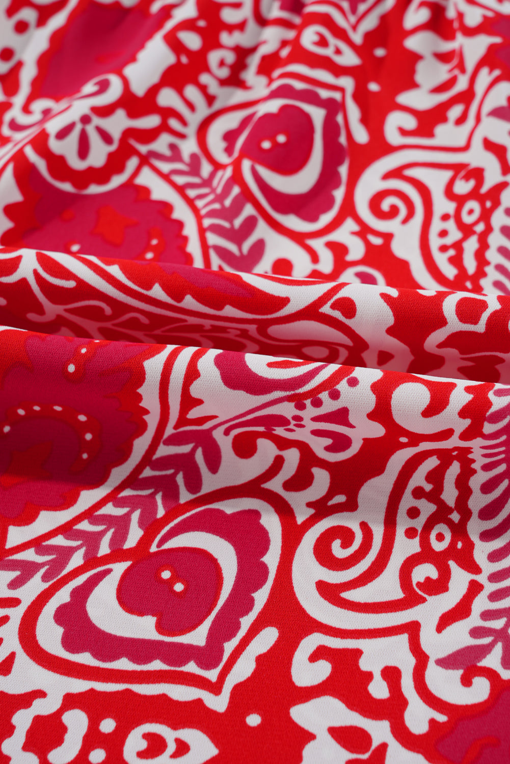 Red Paisley Print Side Slit Puff Sleeve High Waist Long Dress Maxi Dresses JT's Designer Fashion