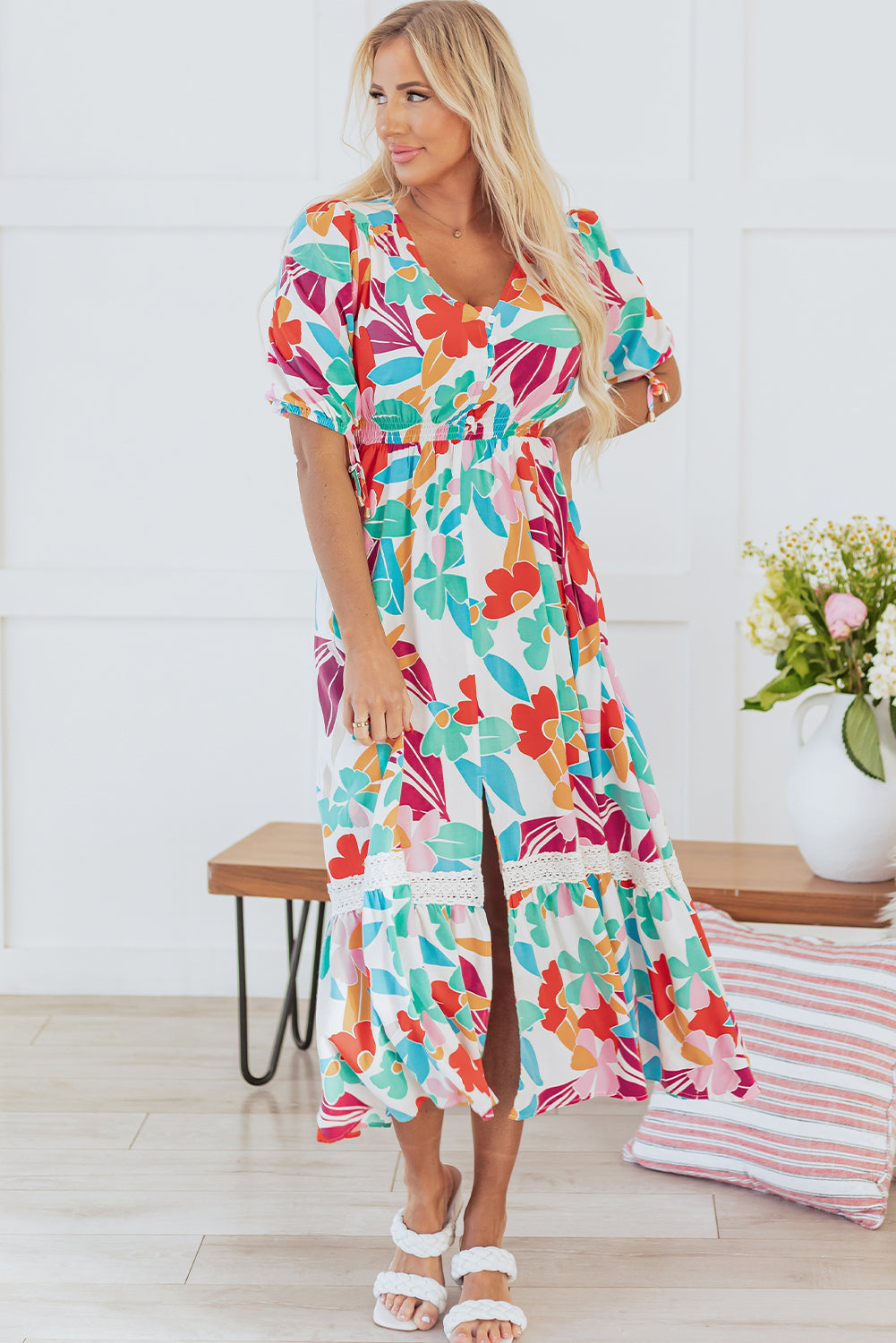 Rose Red Floral Knot Puff Sleeve V Neck Buttoned Front Split Lace Maxi Dress Floral Dresses JT's Designer Fashion