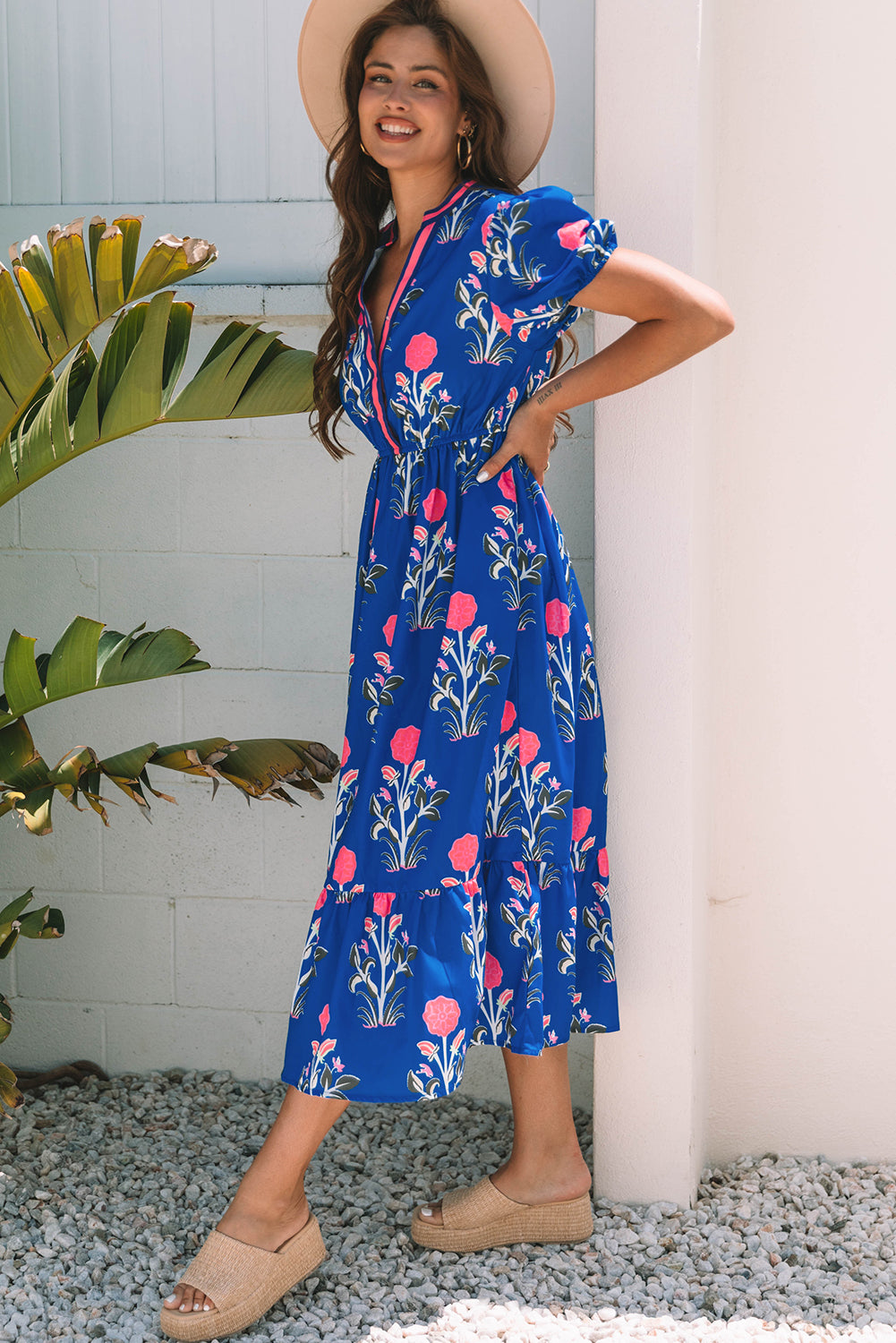 Sky Blue Floral Puff Short Sleeve V Neck High Waist Maxi Dress Floral Dresses JT's Designer Fashion