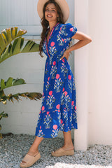 Sky Blue Floral Puff Short Sleeve V Neck High Waist Maxi Dress Floral Dresses JT's Designer Fashion
