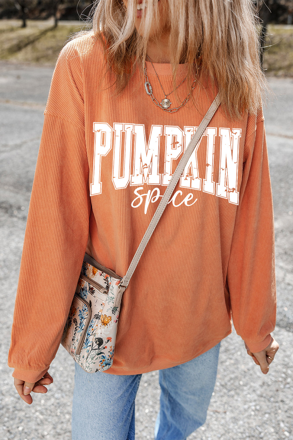 Orange PUMPKIN Spice Graphic Corded Crewneck Sweatshirt Graphic Sweatshirts JT's Designer Fashion