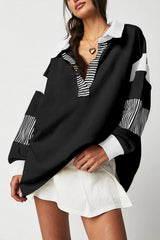 Black Striped Colorblock Patchwork Collar Sweatshirt Sweatshirts & Hoodies JT's Designer Fashion