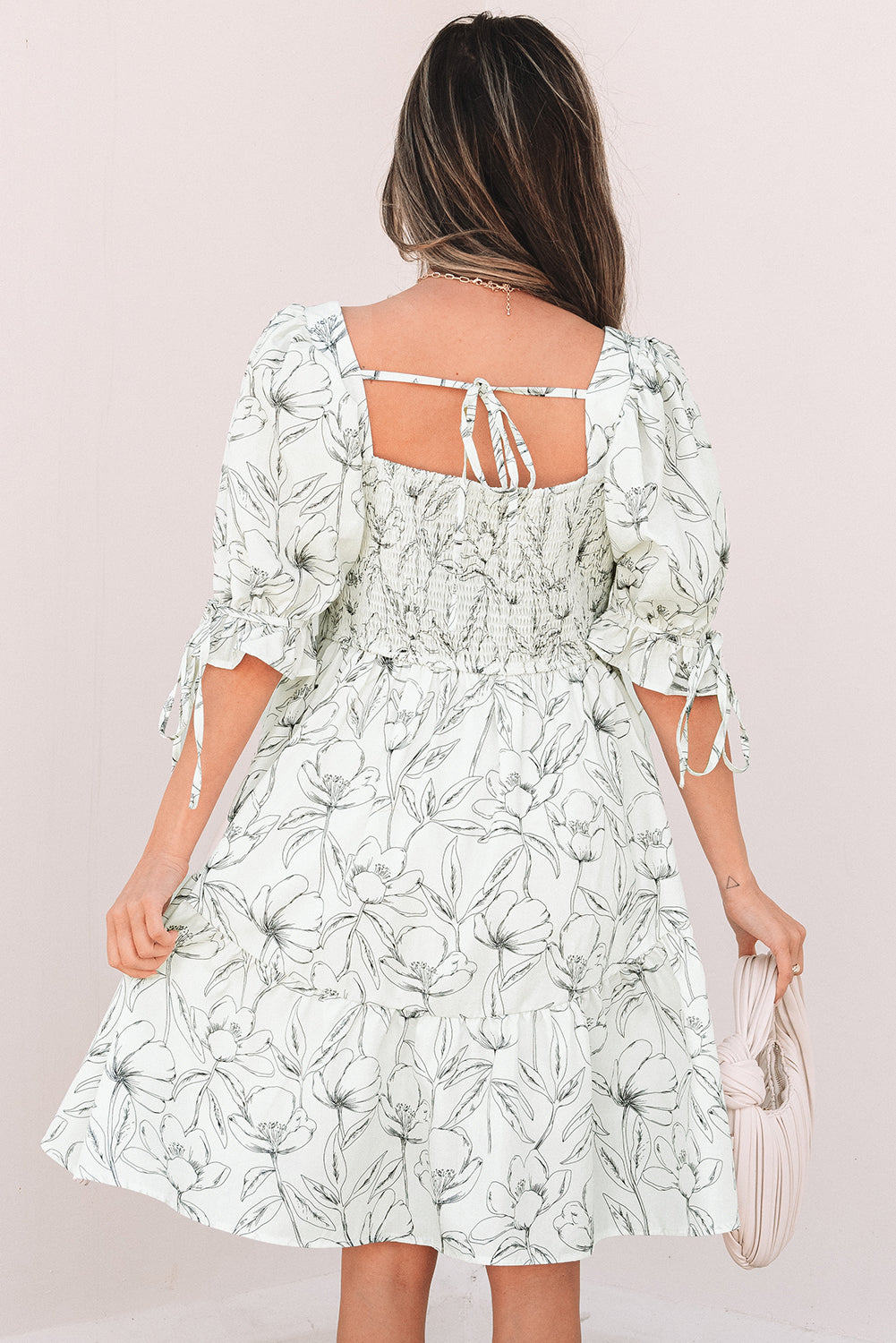 Beige Floral Print Square Neck Shirred Back Puff Sleeve Mini Dress Floral Dresses JT's Designer Fashion