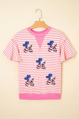Sachet Pink Striped Sequin USA Flag Inspire Balloon Dog Patched Ruffled Short Sleeve Top Graphic Tees JT's Designer Fashion