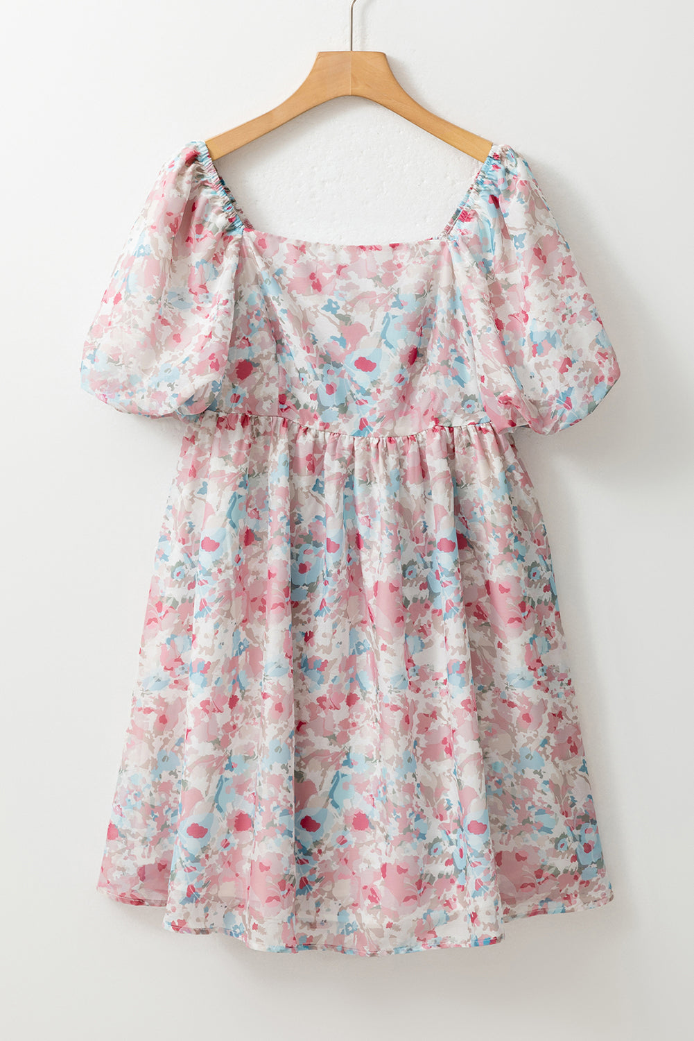 Pink Floral Puff Sleeve Square Neck Smock Ruffled Dress Floral Dresses JT's Designer Fashion