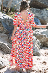 Red Floral Half Sleeve Deep V Neck Cutout Back Split Maxi Dress Floral Dresses JT's Designer Fashion