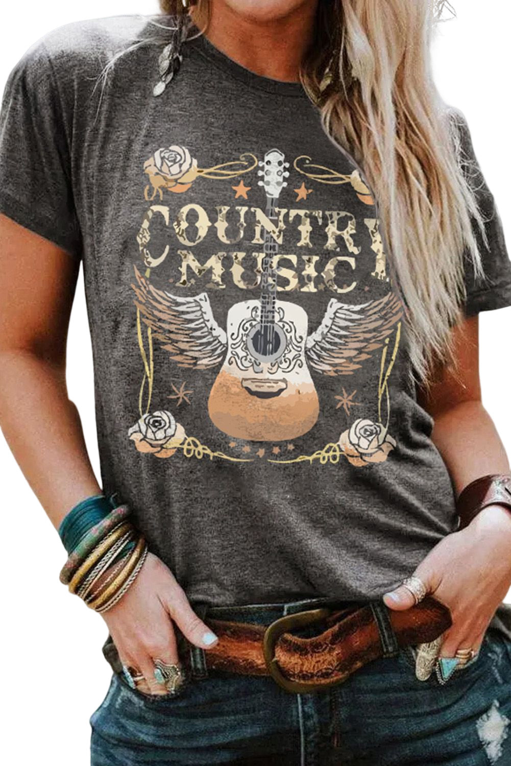 Gray COUNTRY MUSIC Guitar Graphic Print Crew Neck T Shirt Graphic Tees JT's Designer Fashion