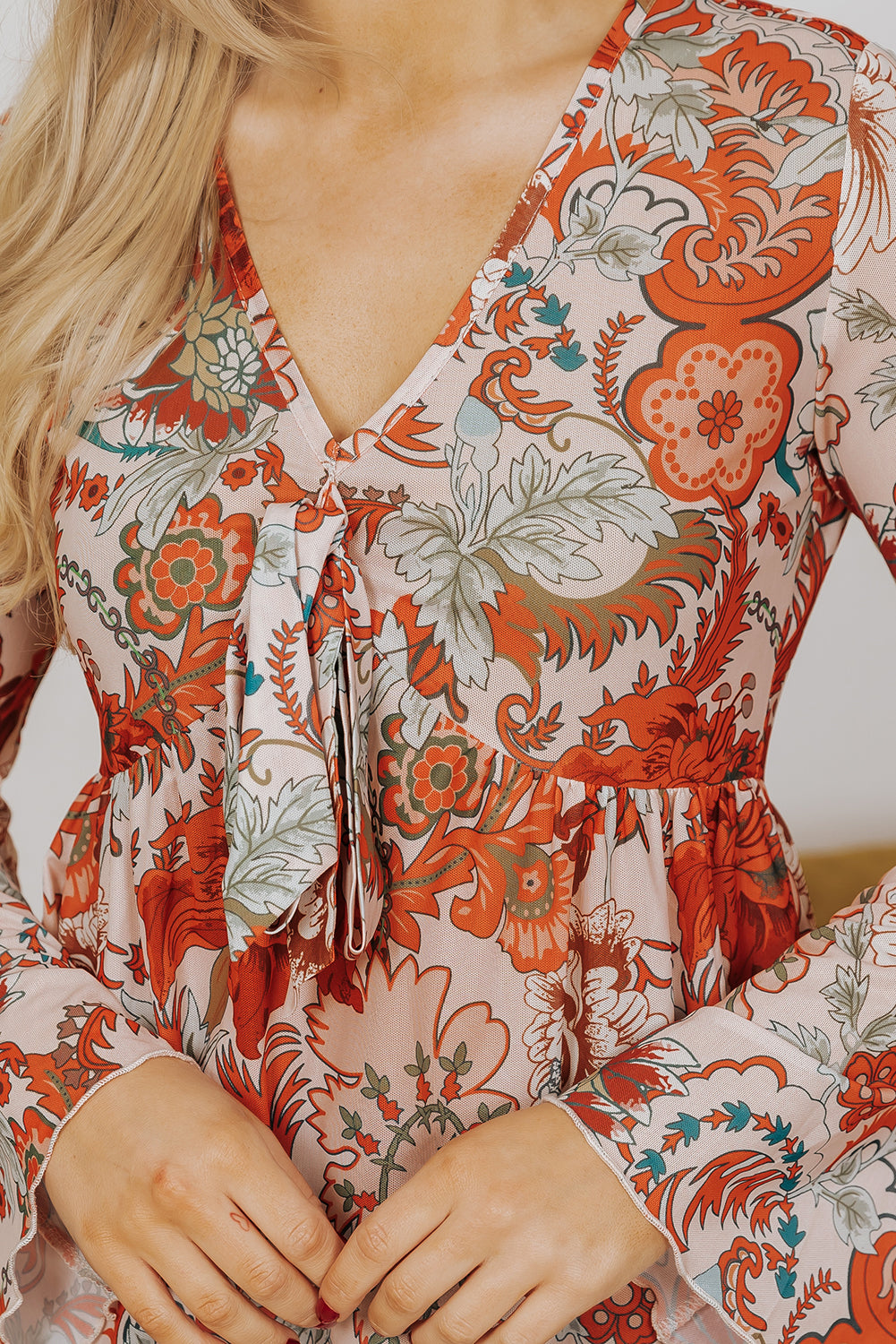 Orange Floral Print Deep V Neck Knot Bell Sleeve Blouse Blouses & Shirts JT's Designer Fashion