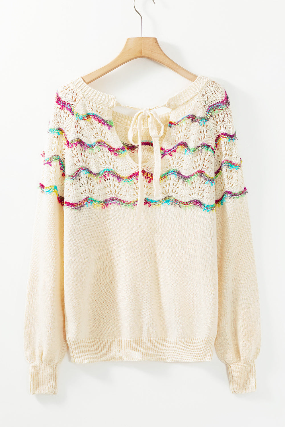 White Wavy Striped Pointelle Bishop Sleeve Sweater Sweaters & Cardigans JT's Designer Fashion