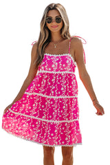 Pink Floral Print Ric Rac Patched Sleeveless Mini Dress Floral Dresses JT's Designer Fashion