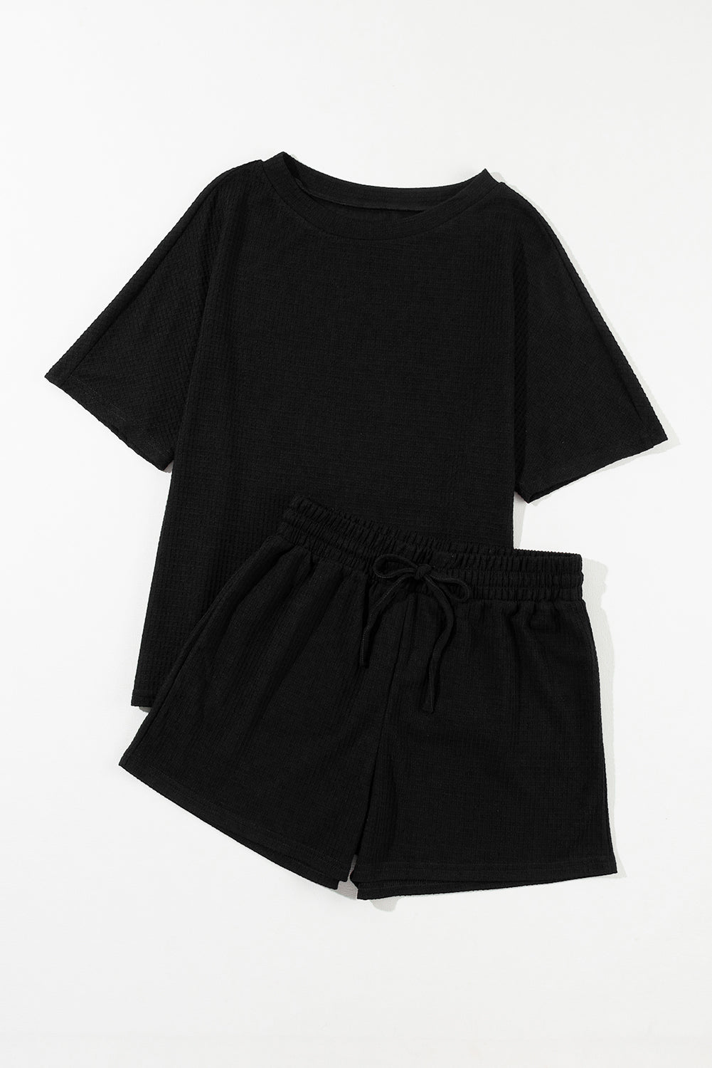 Black Casual Textured Tee and Drawstring Shorts Set Short Sets JT's Designer Fashion