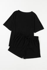Black Casual Textured Tee and Drawstring Shorts Set Short Sets JT's Designer Fashion