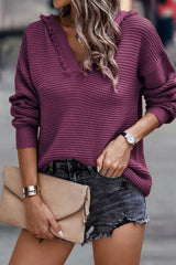 V Neck Ribbed Drop Shoulder Hooded Sweater Sweaters & Cardigans JT's Designer Fashion