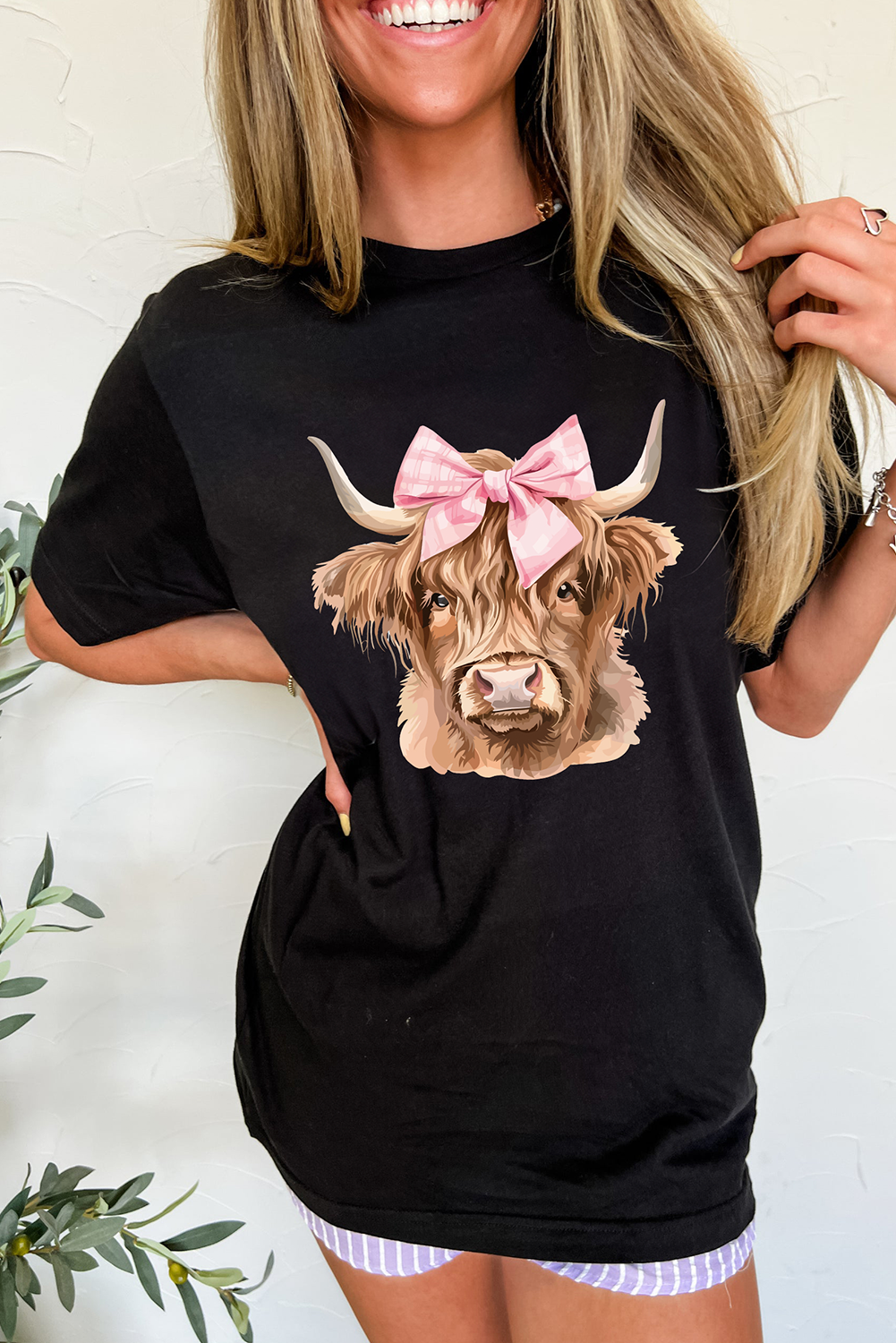 Black Bow Cow Head Graphic Western Fashion T Shirt Graphic Tees JT's Designer Fashion