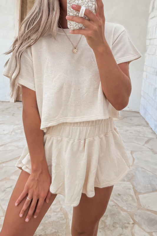 Beige 2pcs Cropped Tee and Ruffle High Waist Skort Set Beige 75%Polyester+20%Cotton+5%Elastane Short Sets JT's Designer Fashion