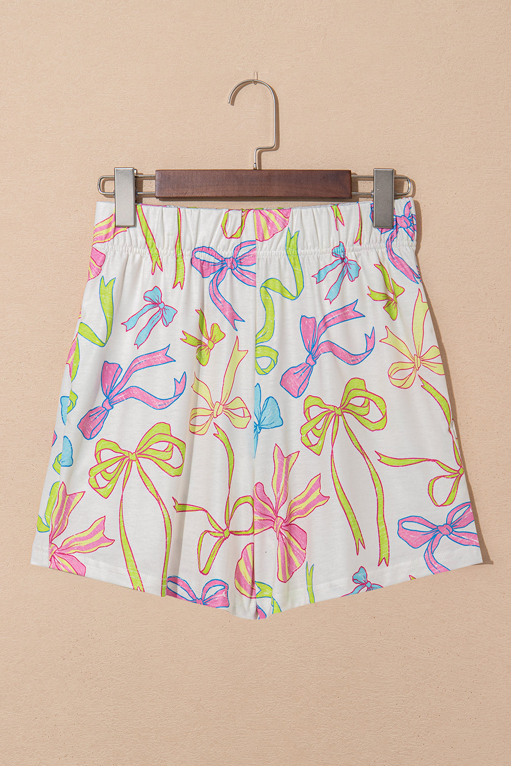 White Cheerful Bow Print Elastic Pull On Casual Shorts Casual Shorts JT's Designer Fashion