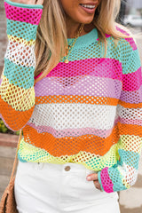 Rose Red Colorblock Patchwork Knit Crochet Eyelet Sweater Rose Red 100%Acrylic Sweaters JT's Designer Fashion