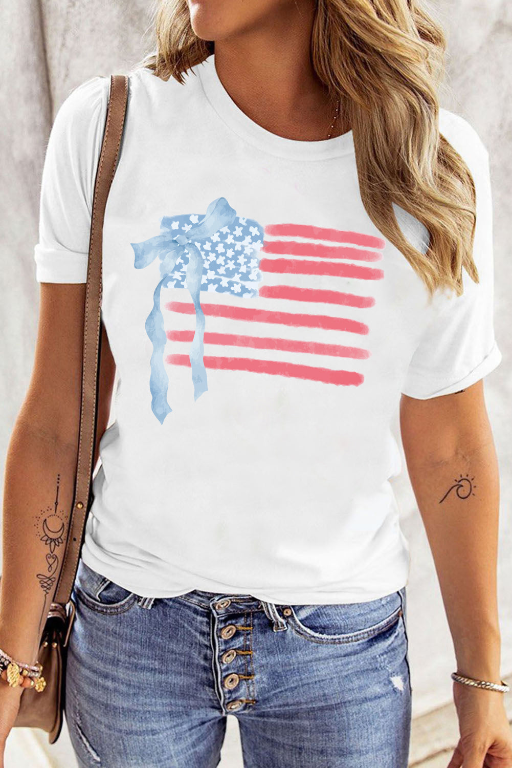 White American Flag Bow Knot Print Crew Neck T Shirt Graphic Tees JT's Designer Fashion