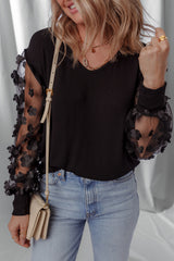 Black Flower Applique Mesh Long Sleeve V Neck Blouse Blouses & Shirts JT's Designer Fashion