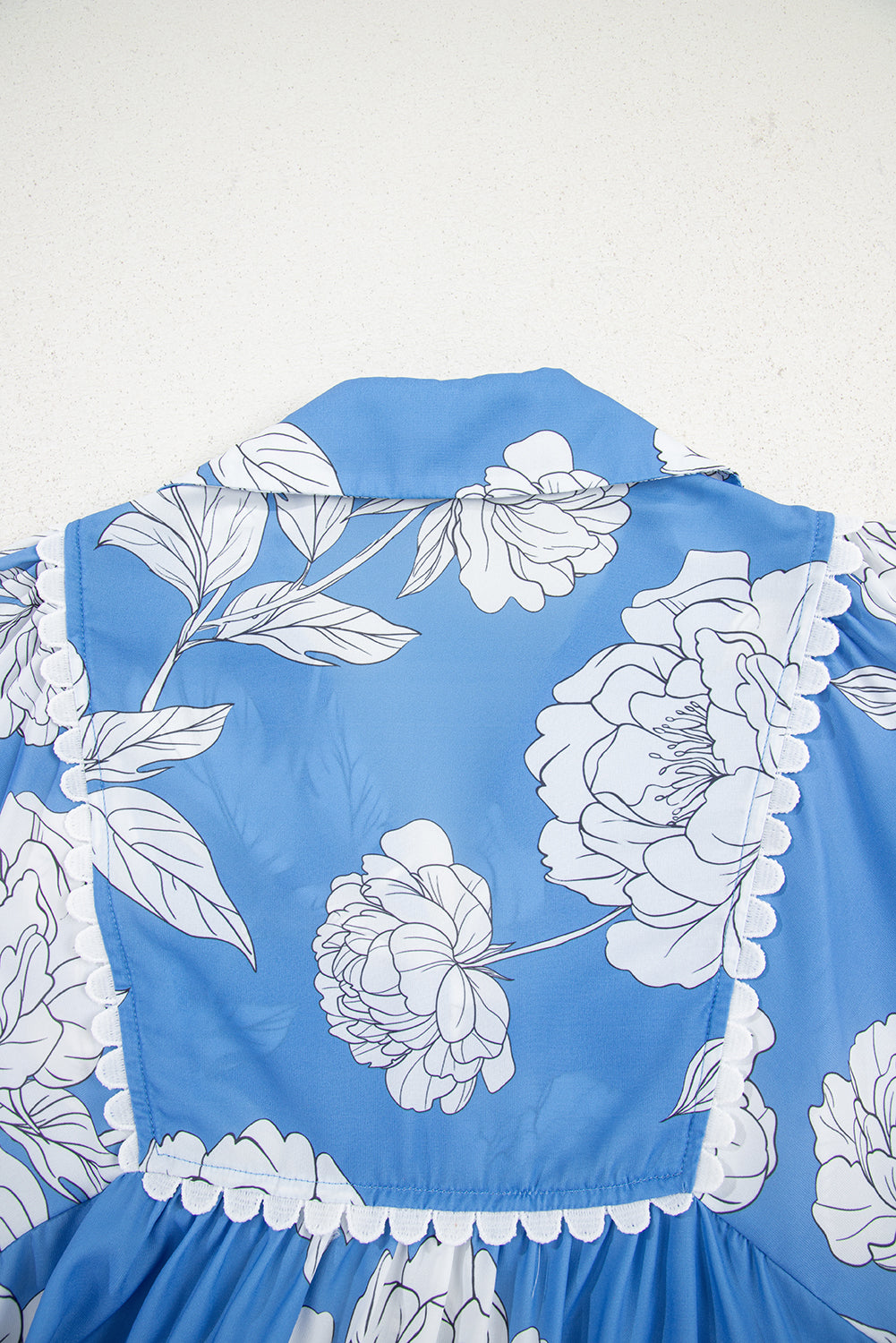 Sky Blue Floral Ricrac Trim Collared Puff Sleeve Loose Blouse Blouses & Shirts JT's Designer Fashion