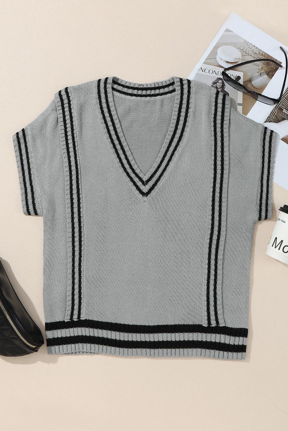 Gray V Neck Contrast Stripes Trims Short Sleeve Sweater Sweaters & Cardigans JT's Designer Fashion