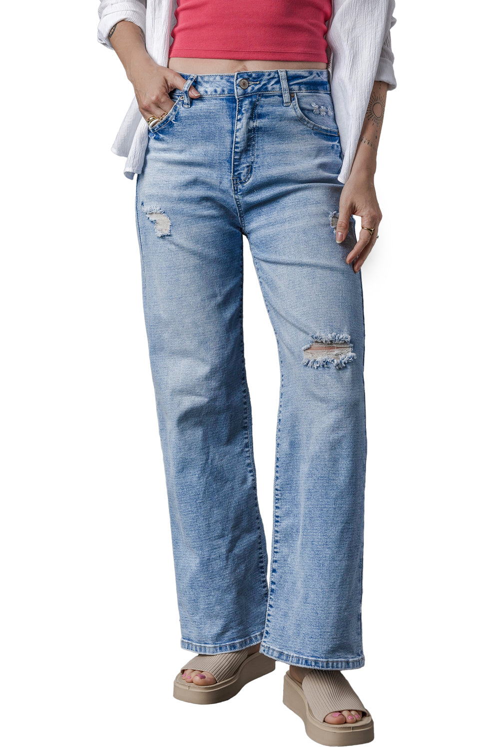 Light Blue High Rise Distressed Straight Leg Jeans Jeans JT's Designer Fashion