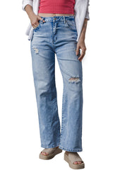 Light Blue High Rise Distressed Straight Leg Jeans Jeans JT's Designer Fashion
