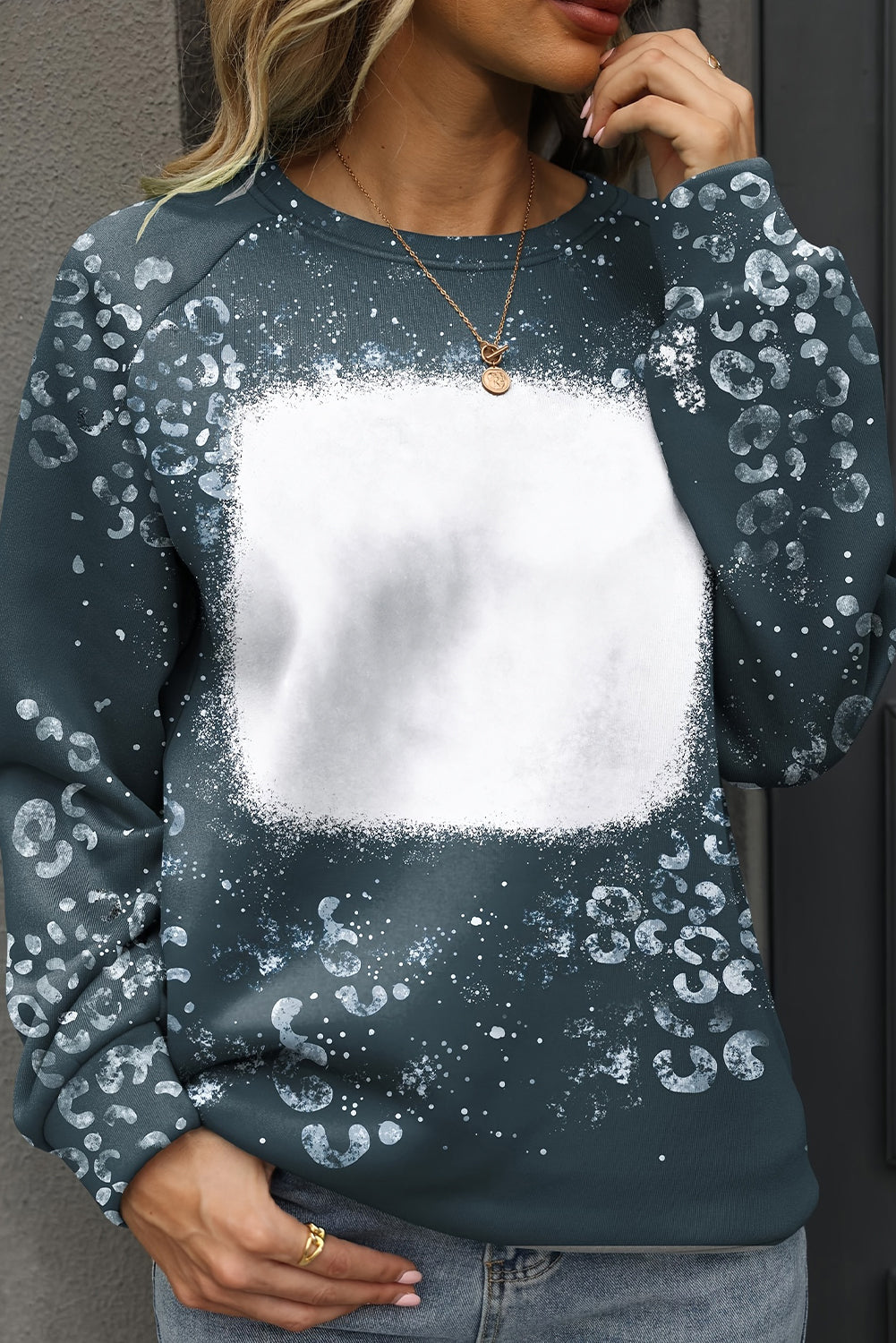 Blue Leopard Bleached Raglan Sleeve Crewneck Sweatshirt Sweatshirts & Hoodies JT's Designer Fashion