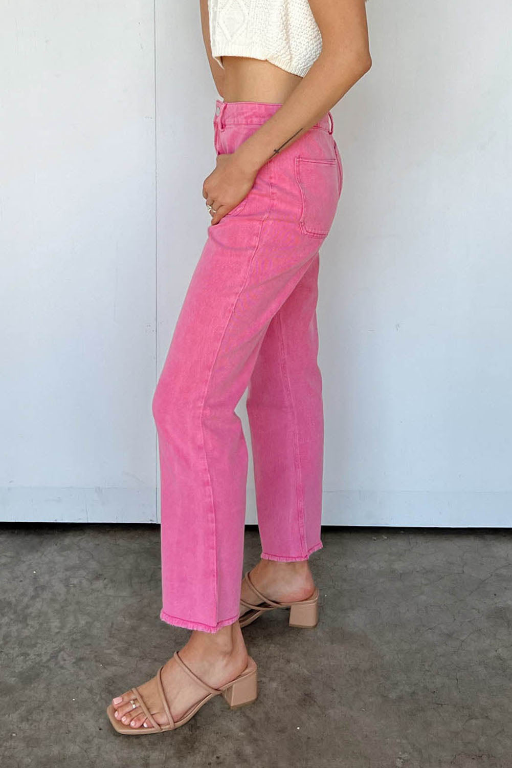 Pink Ankle-length Flare Leg Raw Hem Jeans Jeans JT's Designer Fashion