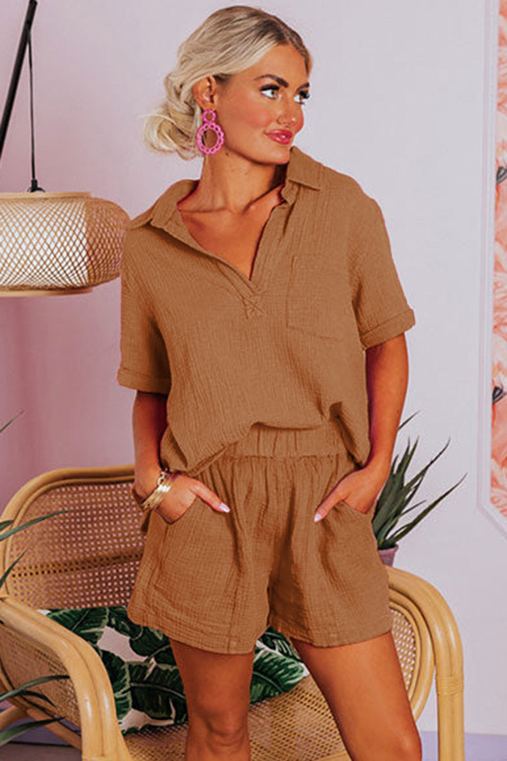 Chestnut Crinkle Textured Polo Shirt and High Waist Shorts Set Short Sets JT's Designer Fashion