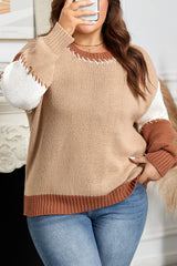 Light French Beige Contrast Stitch Detail Color Block Knitted Plus Size Sweater Plus Size Sweaters & Cardigans JT's Designer Fashion
