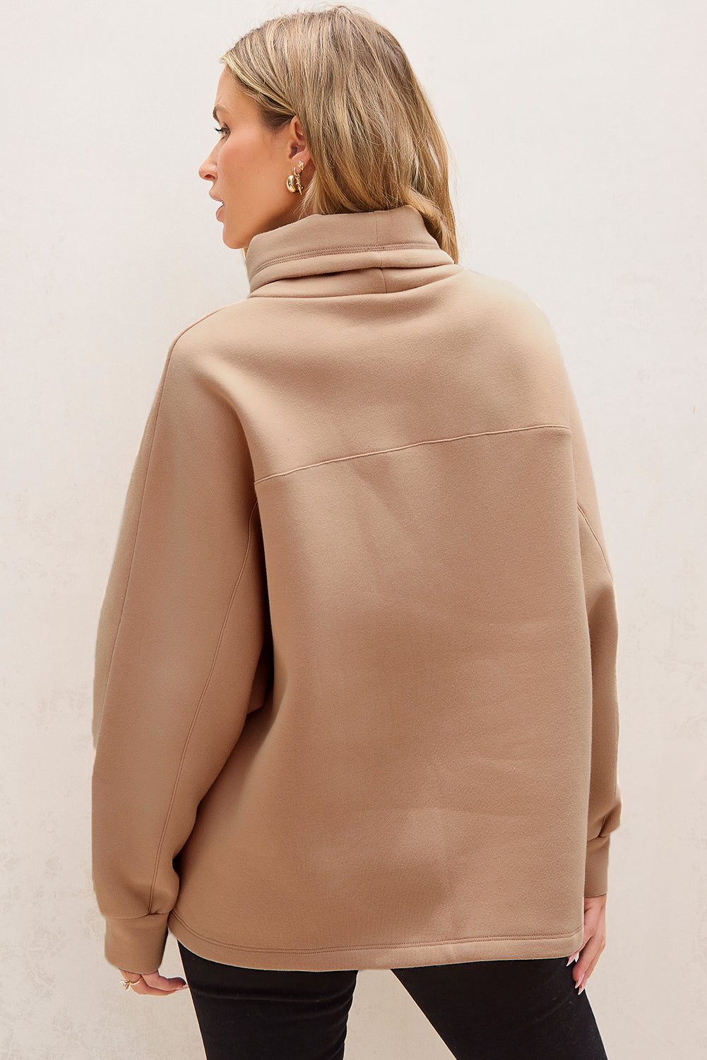 Light French Beige Drawstring Turtleneck Dolman Sleeve Sweatshirt Sweatshirts & Hoodies JT's Designer Fashion