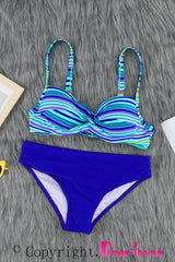 Sky Blue Twisted Bust Striped Bikini Set Bikinis JT's Designer Fashion