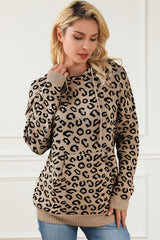 Khaki Leopard Knitted Drawstring Hooded Sweater Sweaters & Cardigans JT's Designer Fashion